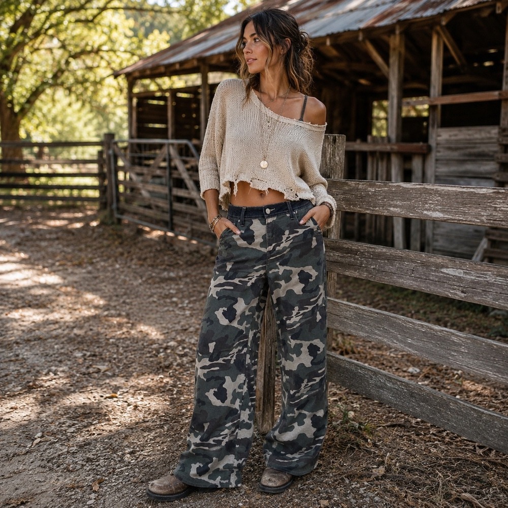Risen Jeans Camo Wide Leg Pants Contrast Denim Waist  Womens 9 29 Camouflage Y2K